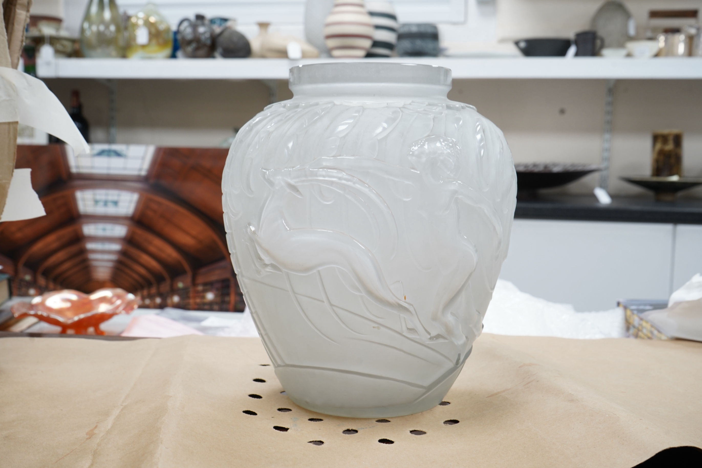 An Etling French frosted glass vase, ‘the huntress’ 29cm high